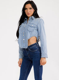 WOMEN'S LONG SLEEVE BUTTON CLOSURE FRONT POCKETS RHINESTONES FRINGE DENIM TOP