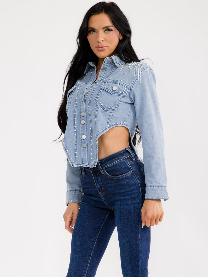 WOMEN'S LONG SLEEVE BUTTON CLOSURE FRONT POCKETS RHINESTONES FRINGE DENIM TOP