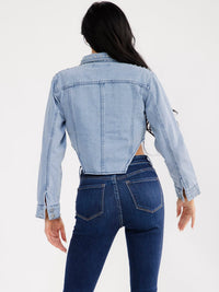 WOMEN'S LONG SLEEVE BUTTON CLOSURE FRONT POCKETS RHINESTONES FRINGE DENIM TOP