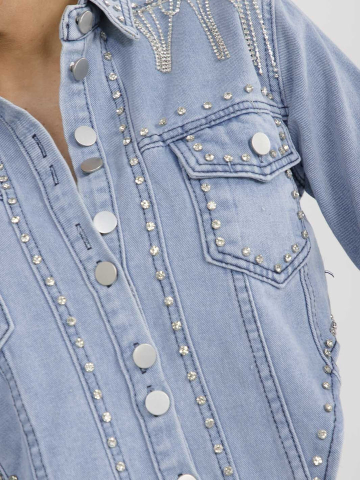 WOMEN'S LONG SLEEVE BUTTON CLOSURE FRONT POCKETS RHINESTONES FRINGE DENIM TOP
