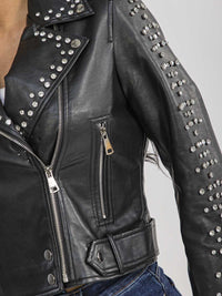 WOMEN'S LONG SLEEVE ZIP UP FRONT POCKETS PU PLEATHER STUDS JACKET