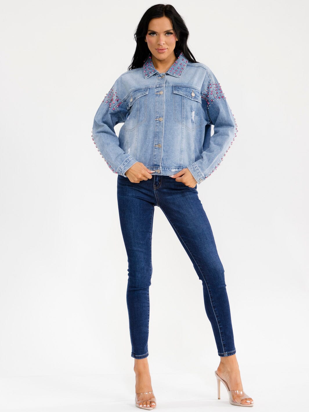 WOMEN'S LONG SLEEVE BUTTON CLOSURE RHINESTONE WASHED DENIM JACKET