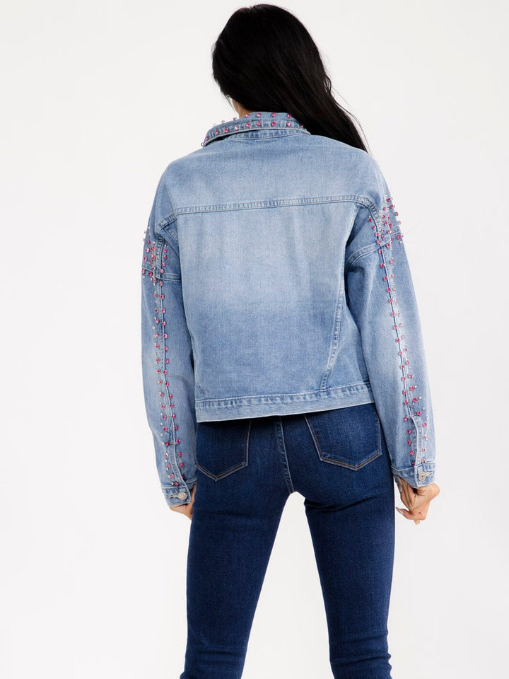 WOMEN'S LONG SLEEVE BUTTON CLOSURE RHINESTONE WASHED DENIM JACKET