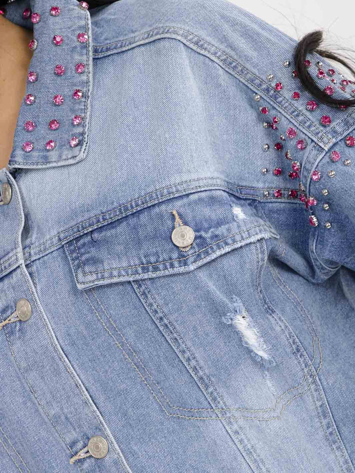 WOMEN'S LONG SLEEVE BUTTON CLOSURE RHINESTONE WASHED DENIM JACKET