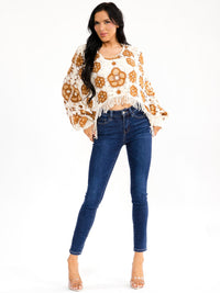 WOMEN'S LONG SLEEVE PEARL FLORAL CROCHET TOP