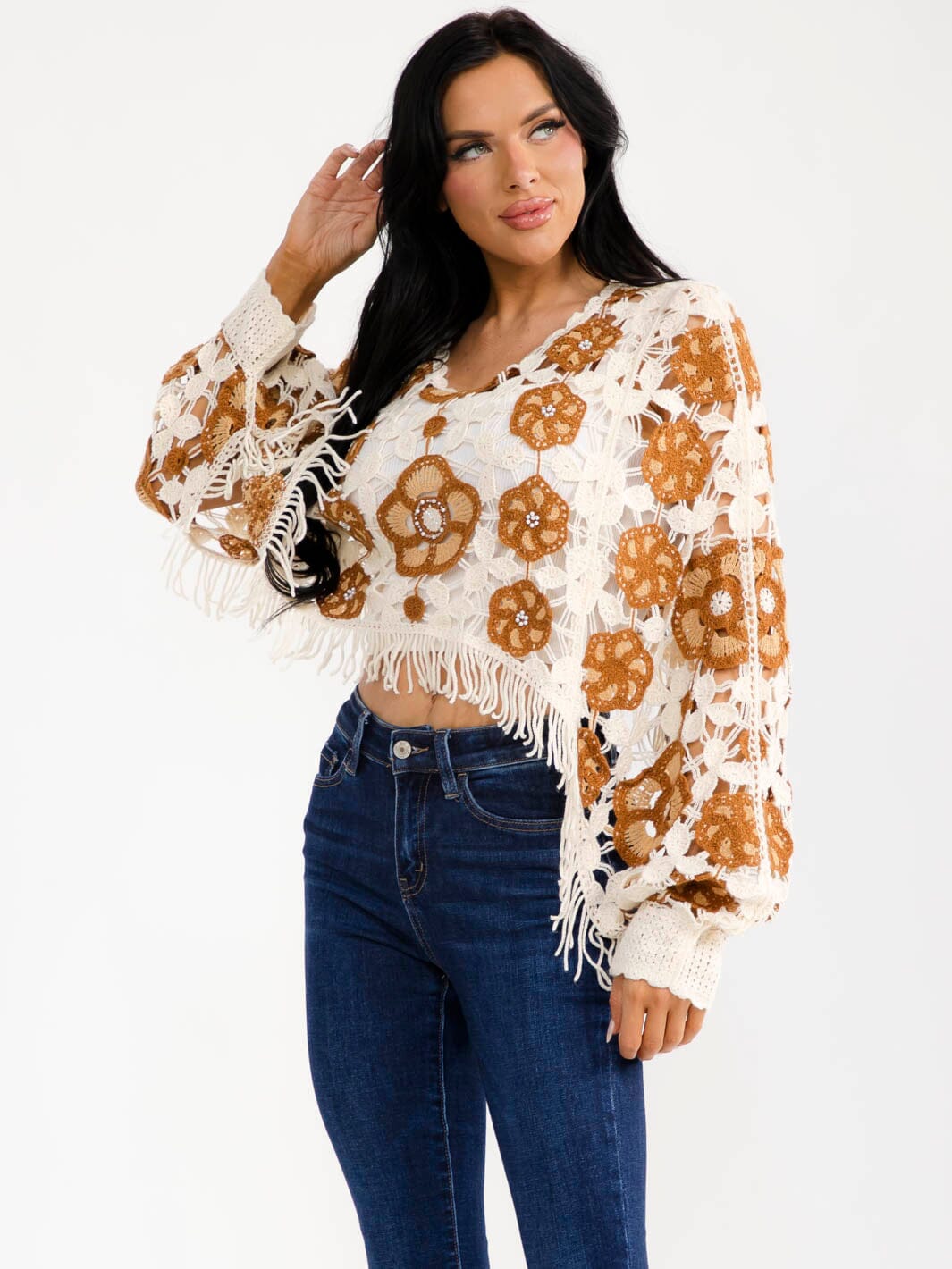 WOMEN'S LONG SLEEVE PEARL FLORAL CROCHET TOP