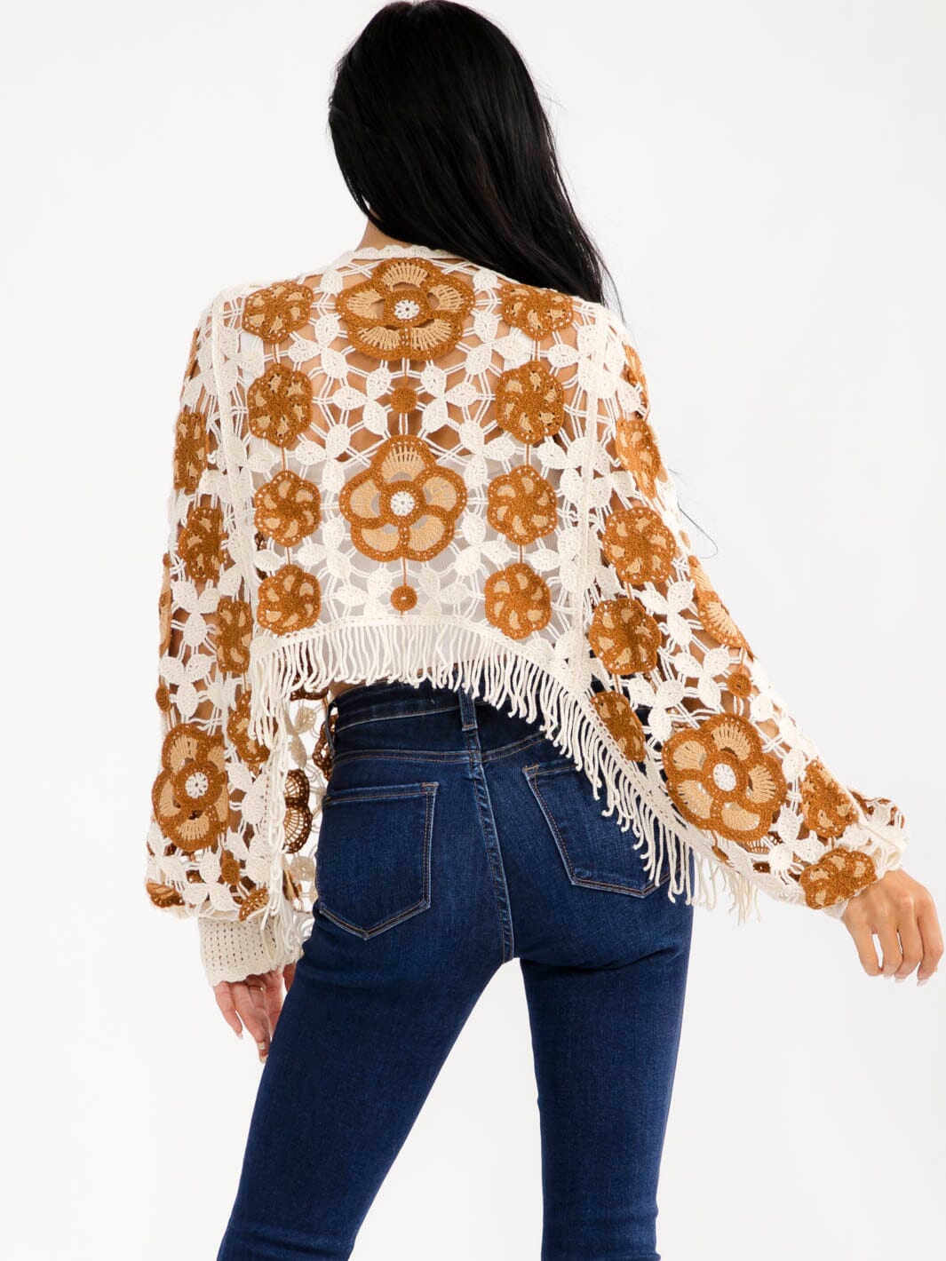 WOMEN'S LONG SLEEVE PEARL FLORAL CROCHET TOP