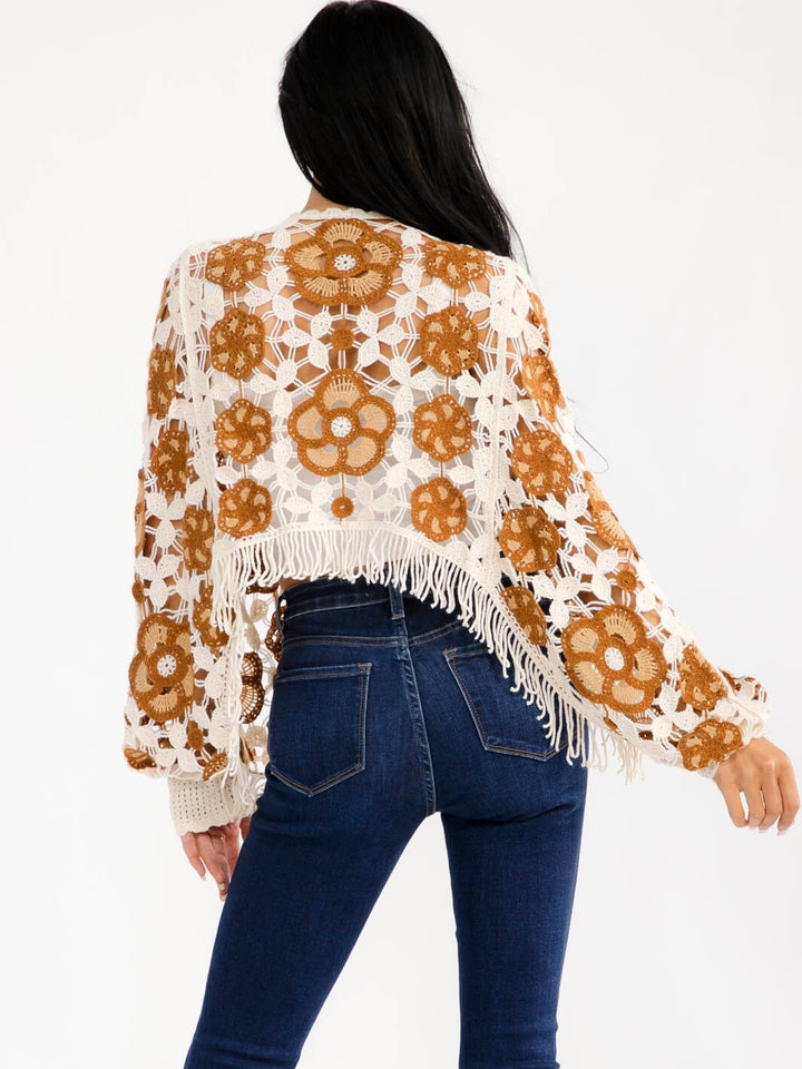 WOMEN'S LONG SLEEVE PEARL FLORAL CROCHET TOP