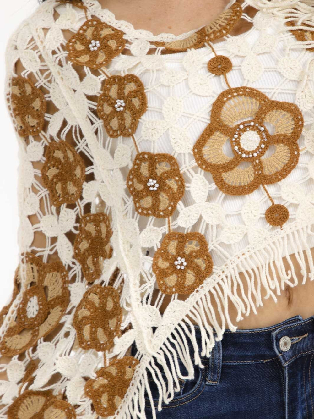 WOMEN'S LONG SLEEVE PEARL FLORAL CROCHET TOP