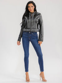 WOMEN'S LONG SLEEVE ZIP UP POCKETS PU PLEATHER STUDS JACKET