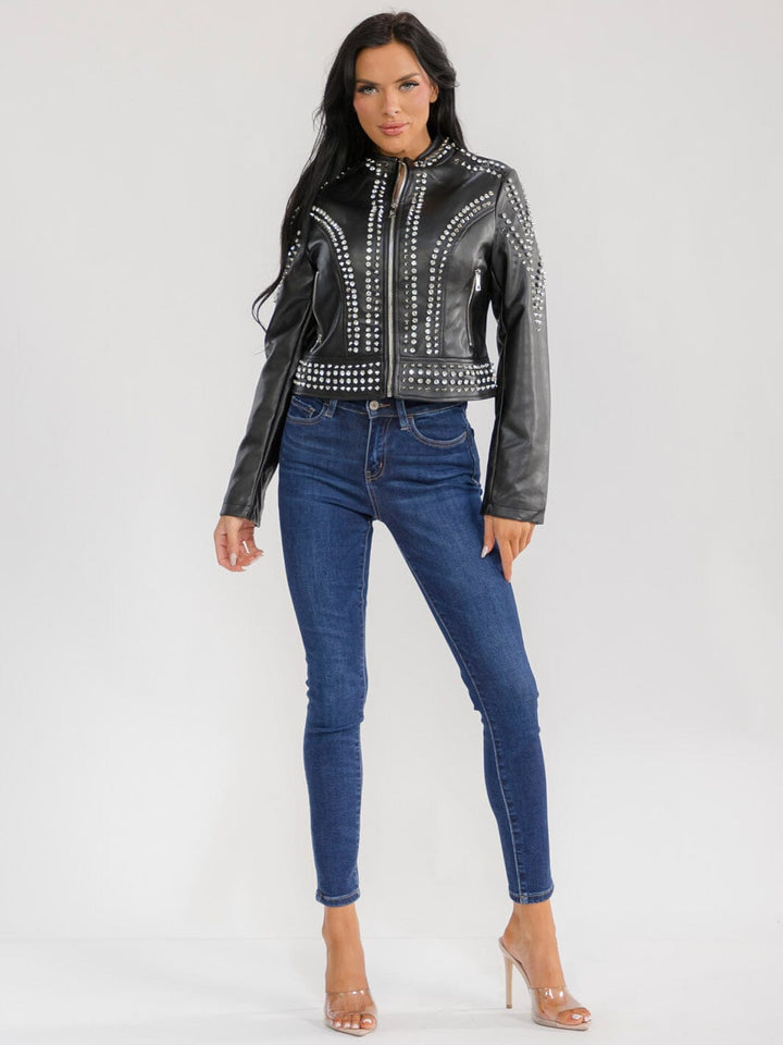 WOMEN'S LONG SLEEVE ZIP UP POCKETS PU PLEATHER STUDS JACKET