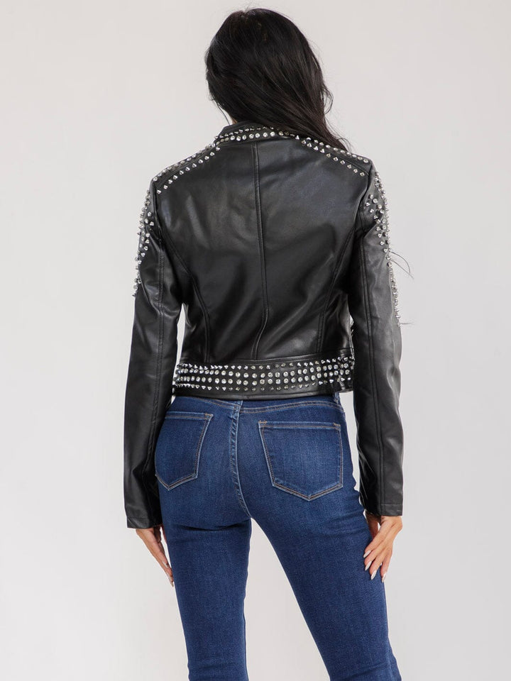 WOMEN'S LONG SLEEVE ZIP UP POCKETS PU PLEATHER STUDS JACKET