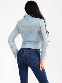WOMEN'S LONG SLEEVE ZIPPER CLOSURE FRONT POCKETS RHINESTONES FRINGE PU PLEATHER JACKET