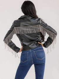 WOMEN'S LONG SLEEVE ZIPPER CLOSURE FRONT POCKETS RHINESTONES FRINGE PU PLEATHER JACKET