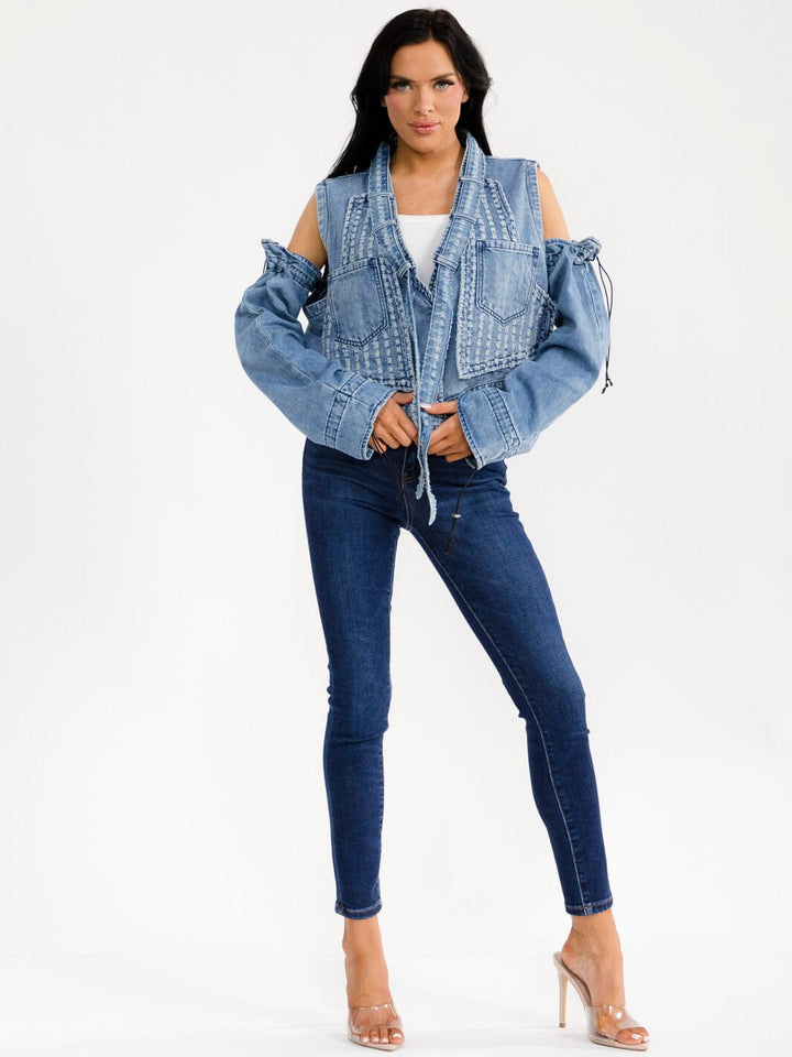 WOMEN'S REMOVABLE LONG SLEEVE BUTTON UP FRONT POCKETS DENIM VEST JACKET