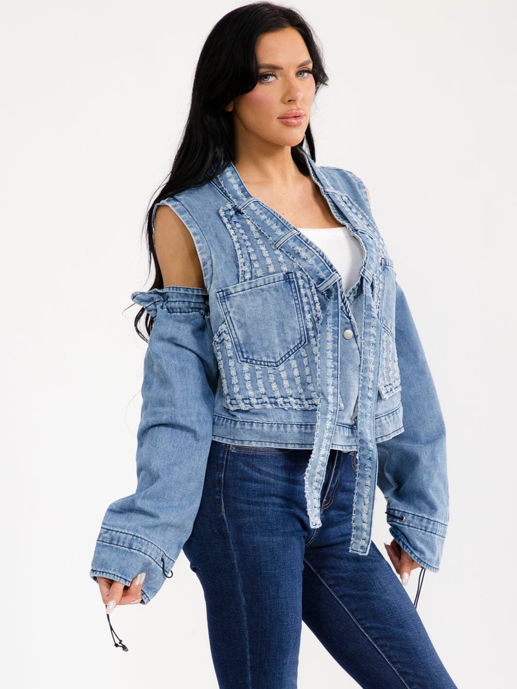 WOMEN'S REMOVABLE LONG SLEEVE BUTTON UP FRONT POCKETS DENIM VEST JACKET