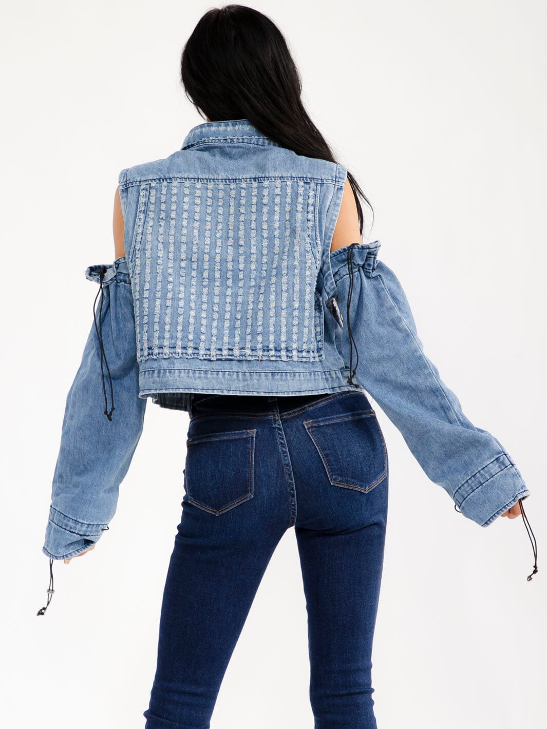 WOMEN'S REMOVABLE LONG SLEEVE BUTTON UP FRONT POCKETS DENIM VEST JACKET