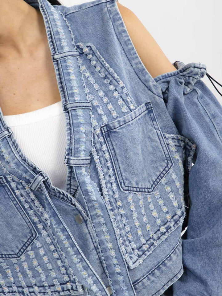 WOMEN'S REMOVABLE LONG SLEEVE BUTTON UP FRONT POCKETS DENIM VEST JACKET