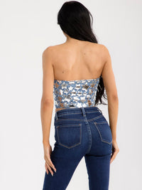 WOMEN'S SLEEVELESS STARS TUBE DENIM CROP TOP
