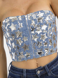 WOMEN'S SLEEVELESS STARS TUBE DENIM CROP TOP