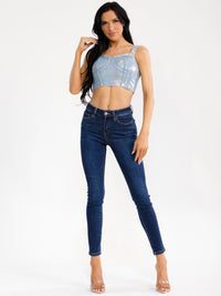 WOMEN'S SLEEVELESS METALLIC DENIM CROP TOP