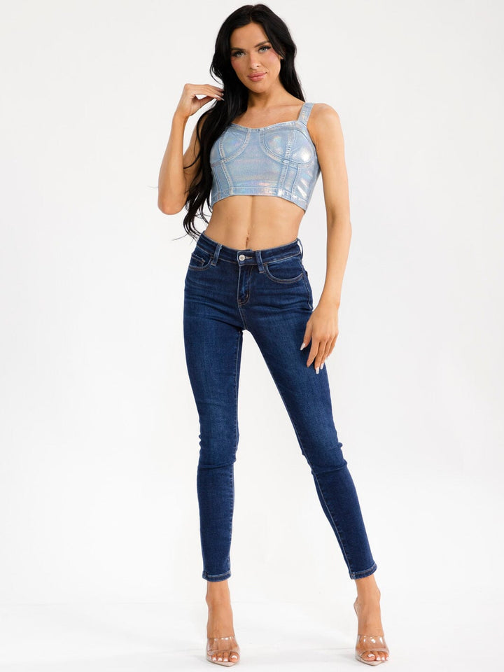 WOMEN'S SLEEVELESS METALLIC DENIM CROP TOP
