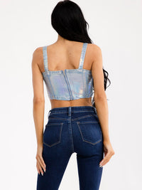 WOMEN'S SLEEVELESS METALLIC DENIM CROP TOP