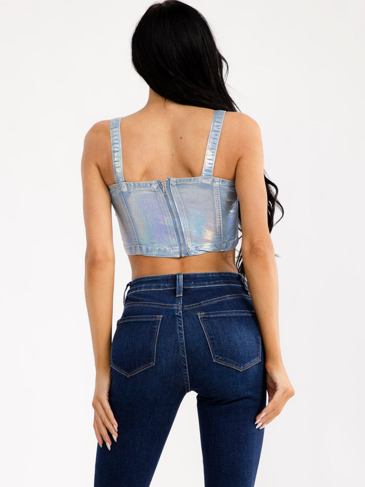 WOMEN'S SLEEVELESS METALLIC DENIM CROP TOP