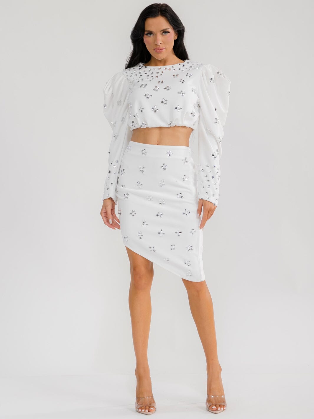 WOMEN'S LONG SLEEVE TOP & ELASTIC WAIST MINI SKIRT STUDS 2PC. SET