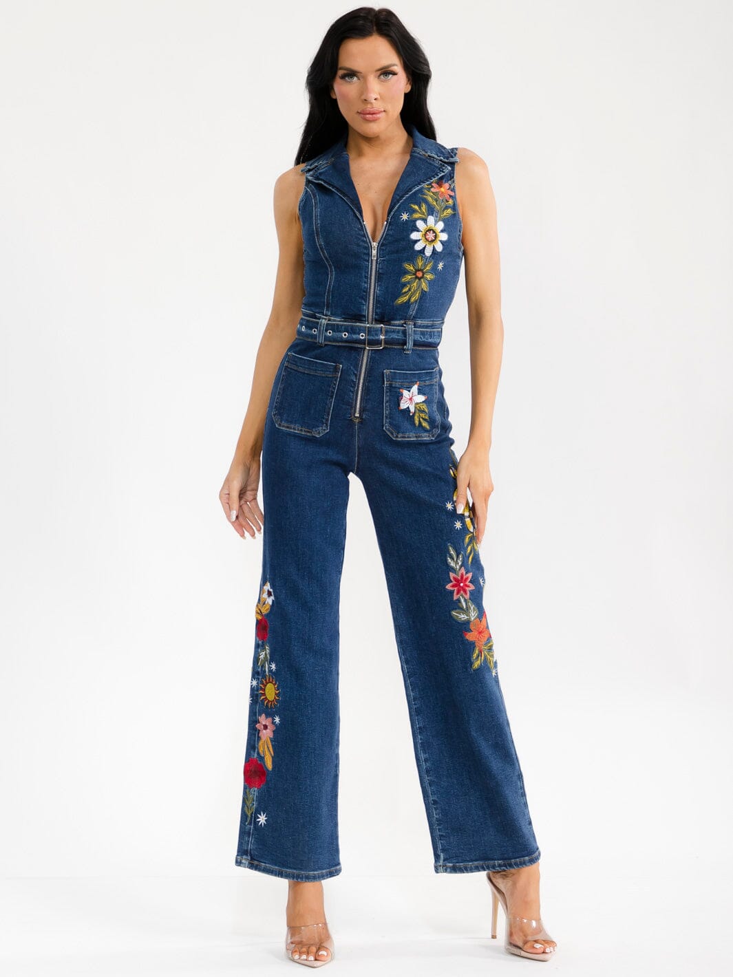 WOMEN'S SLEEVELESS ZIP UP POCKETS STRAIGHT LEG EMBROIDERY DENIM JUMPSUIT