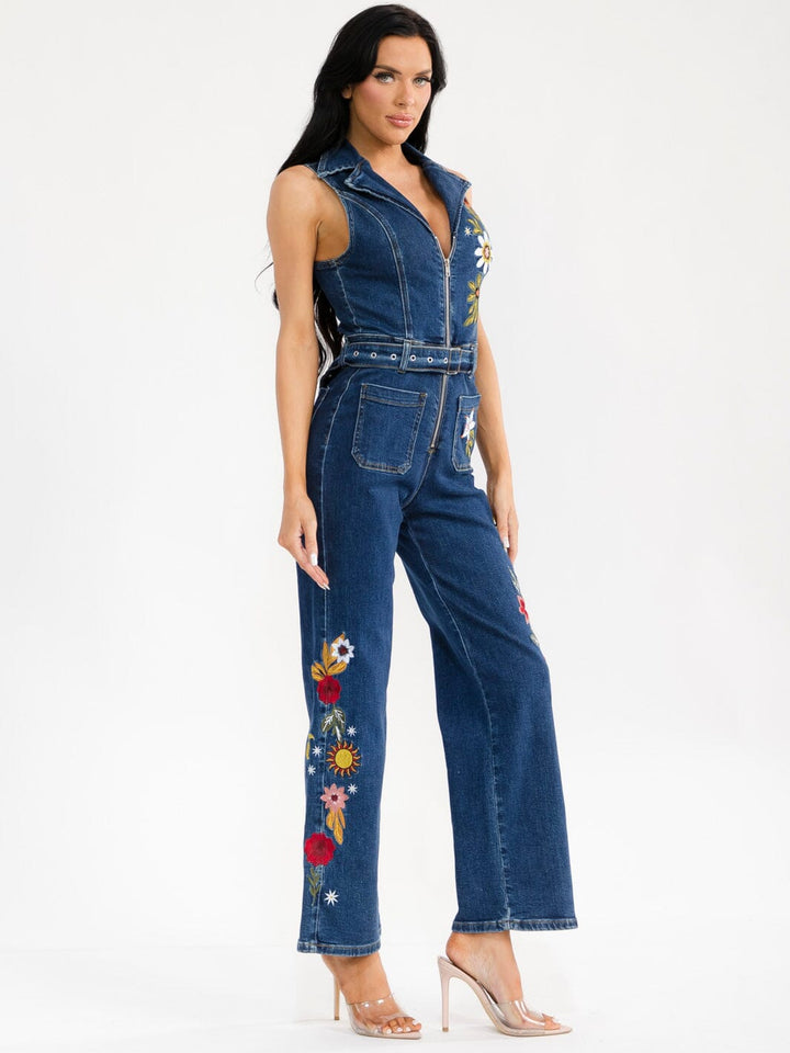 WOMEN'S SLEEVELESS ZIP UP POCKETS STRAIGHT LEG EMBROIDERY DENIM JUMPSUIT
