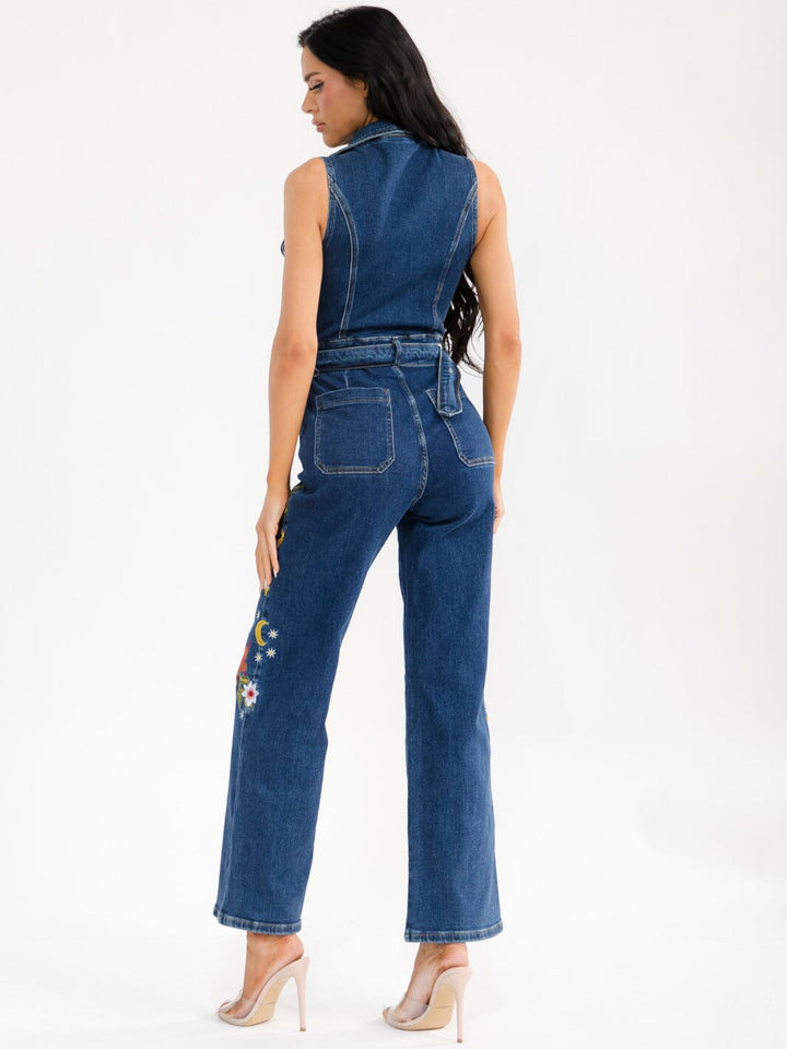 WOMEN'S SLEEVELESS ZIP UP POCKETS STRAIGHT LEG EMBROIDERY DENIM JUMPSUIT