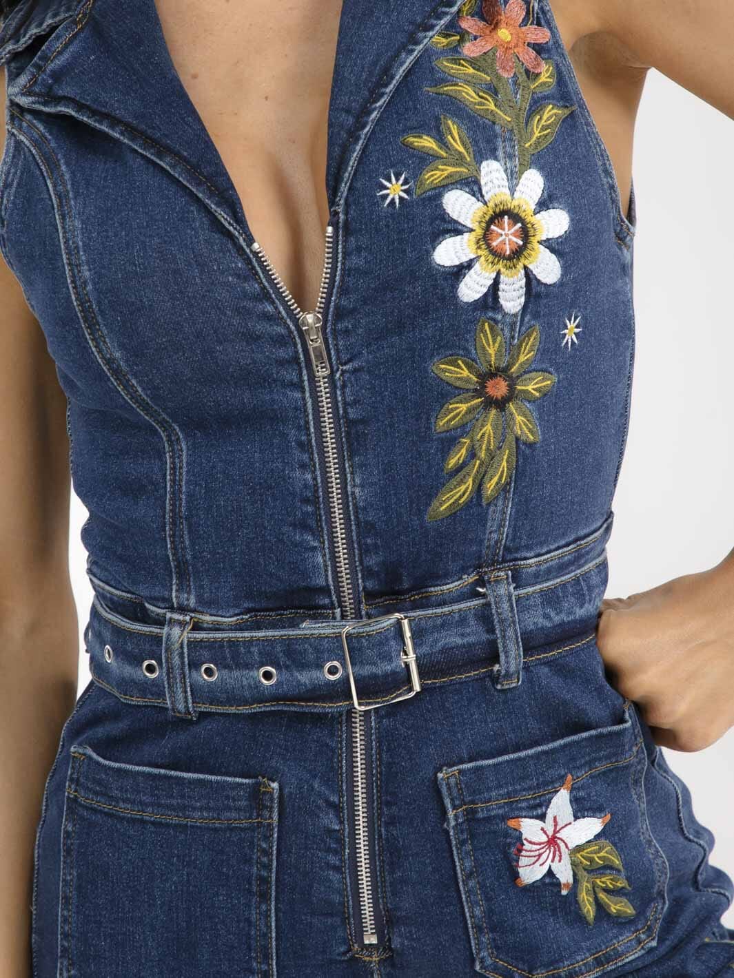 WOMEN'S SLEEVELESS ZIP UP POCKETS STRAIGHT LEG EMBROIDERY DENIM JUMPSUIT