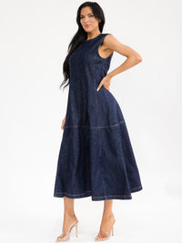 WOMEN'S SLEEVELESS LOOSE FIT TIERED DENIM MAXI DRESS