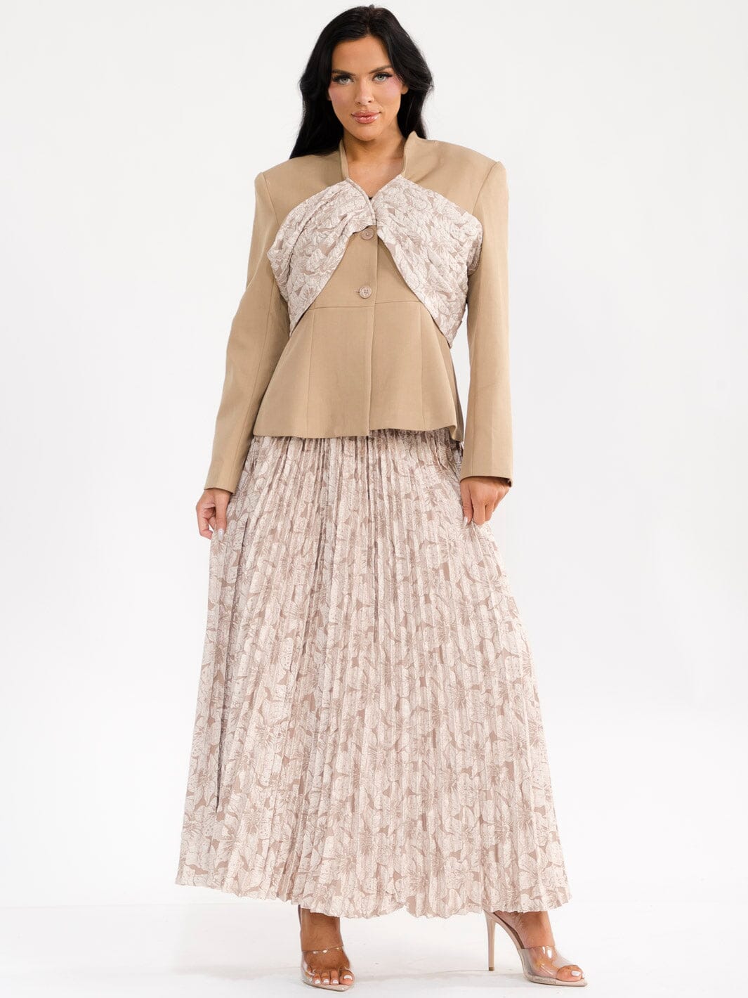 WOMEN'S LONG SLEEVE BLAZER & ELASTIC WAIST MAXI SKIRT FLORAL PLEATED 2PC. SET