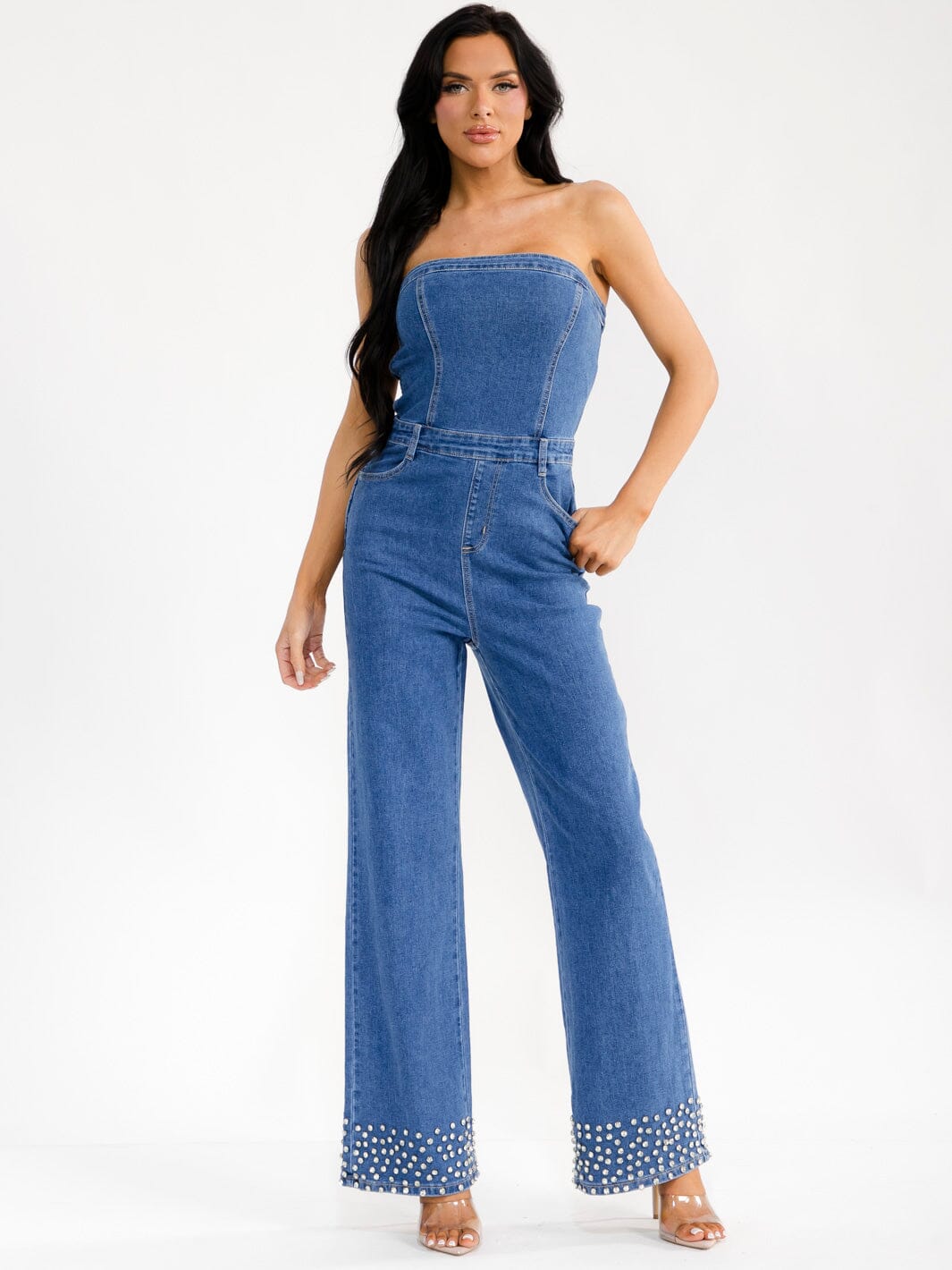 WOMEN'S SLEEVELESS POCKETS STUDS WIDE LEG DENIM TUBE JUMPSUIT