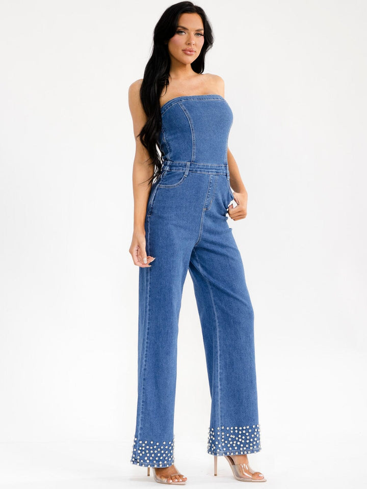 WOMEN'S SLEEVELESS POCKETS STUDS WIDE LEG DENIM TUBE JUMPSUIT