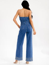 WOMEN'S SLEEVELESS POCKETS STUDS WIDE LEG DENIM TUBE JUMPSUIT