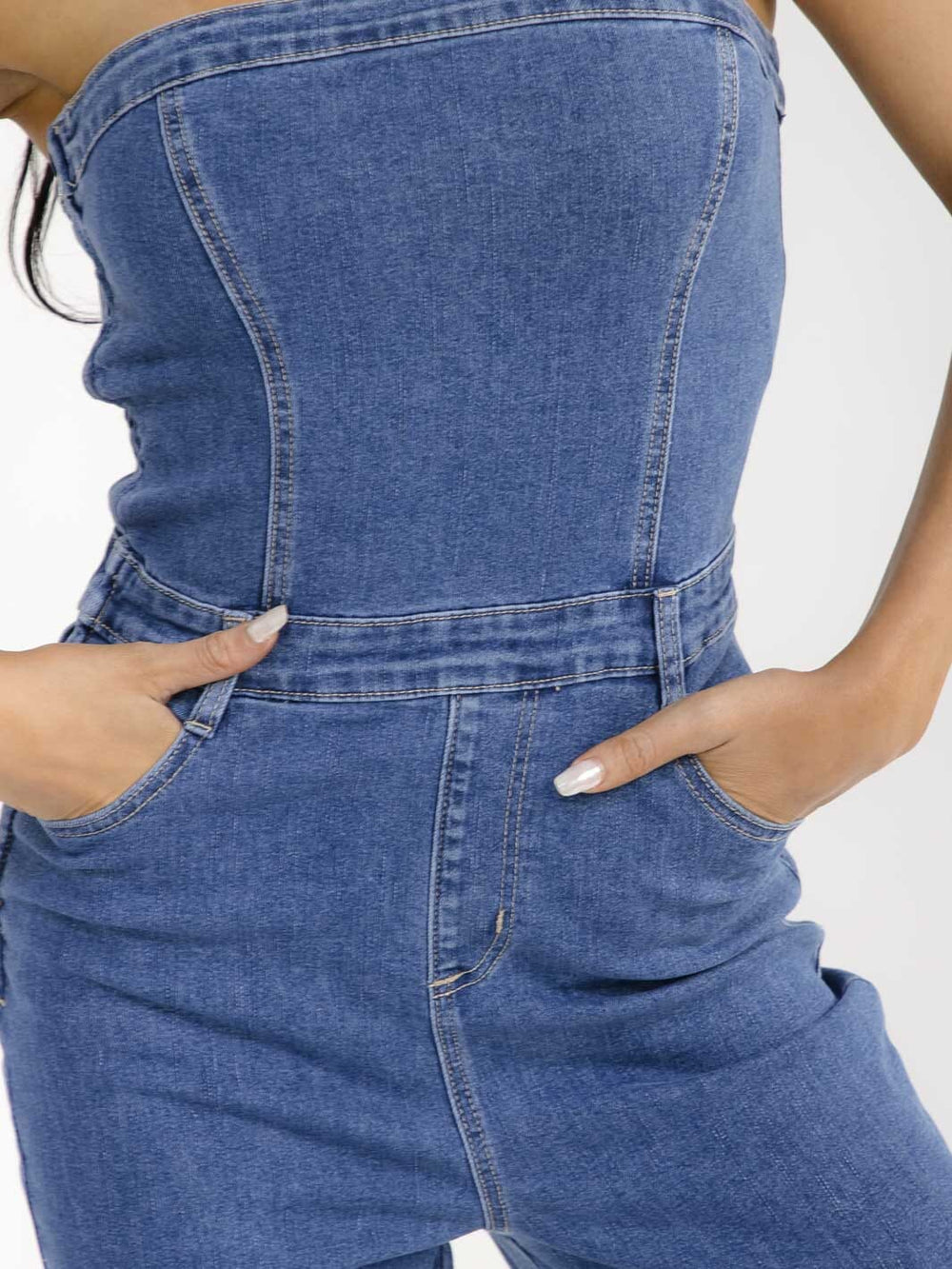 WOMEN'S SLEEVELESS POCKETS STUDS WIDE LEG DENIM TUBE JUMPSUIT
