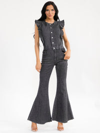 WOMEN'S RUFFLE SLEEVES BUTTON UP FRONT POCKETS BELL LEG DENIM JUMPSUIT