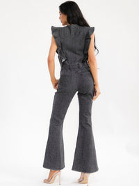 WOMEN'S RUFFLE SLEEVES BUTTON UP FRONT POCKETS BELL LEG DENIM JUMPSUIT