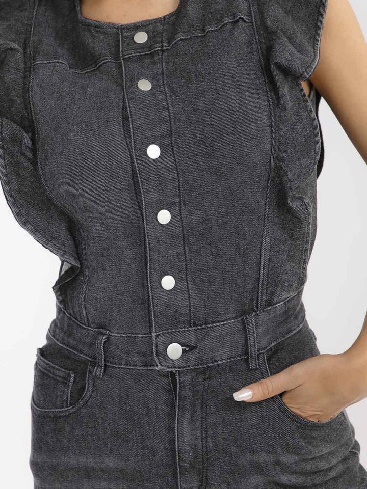 WOMEN'S RUFFLE SLEEVES BUTTON UP FRONT POCKETS BELL LEG DENIM JUMPSUIT