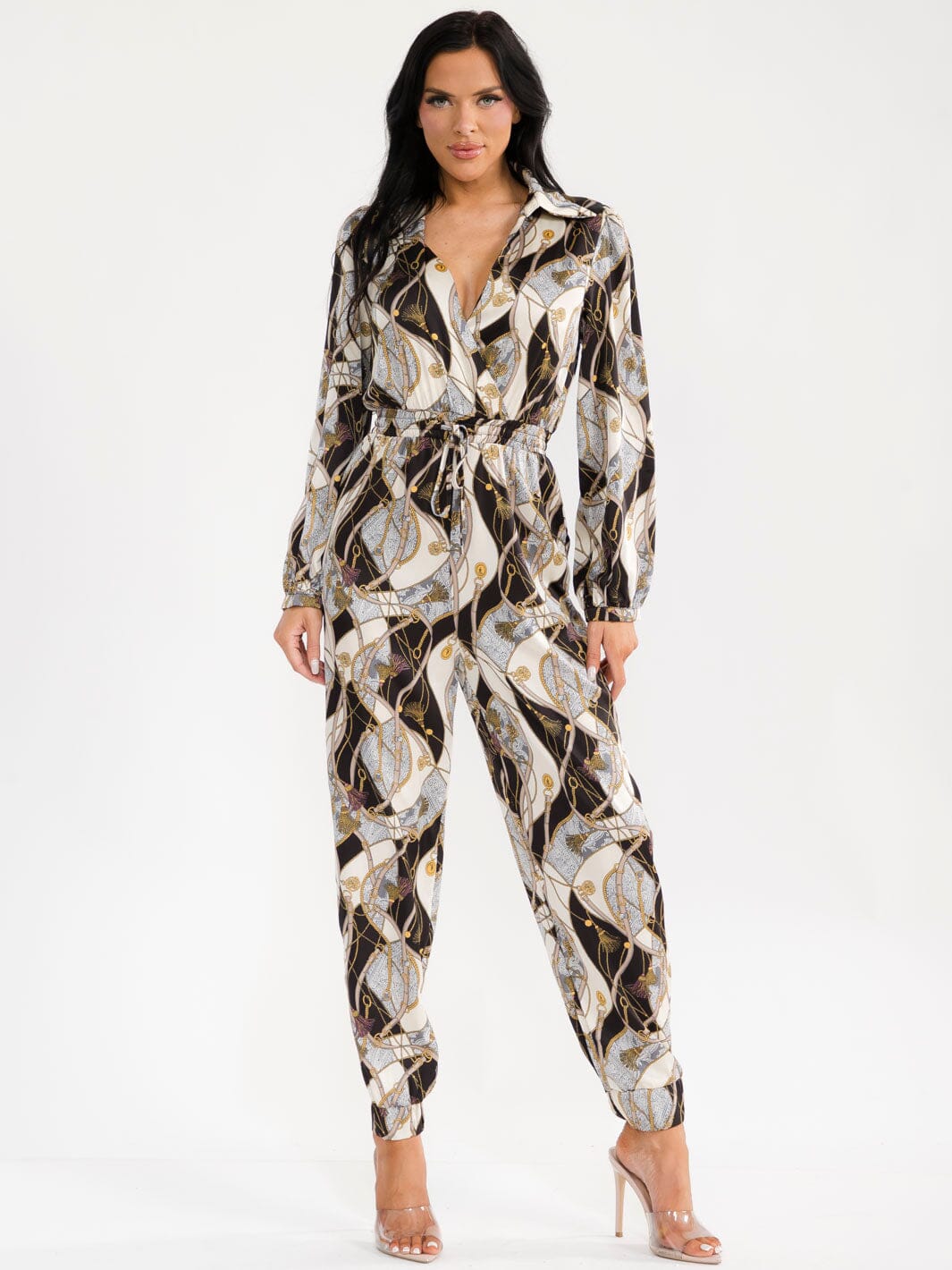WOMEN'S LONG SLEEVE SURPLICE ELASTIC WAIST POCKETS MULTI PRINT JOGGER JUMPSUIT