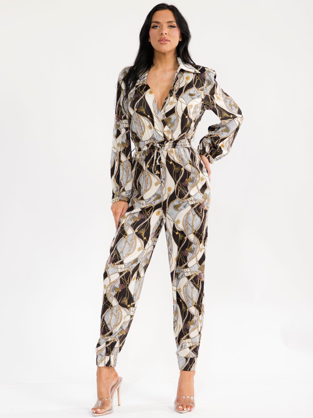 WOMEN'S LONG SLEEVE SURPLICE ELASTIC WAIST POCKETS MULTI PRINT JOGGER JUMPSUIT