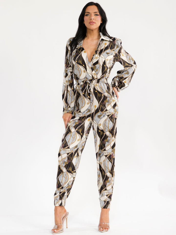 WOMEN'S LONG SLEEVE SURPLICE ELASTIC WAIST POCKETS MULTI PRINT JOGGER JUMPSUIT