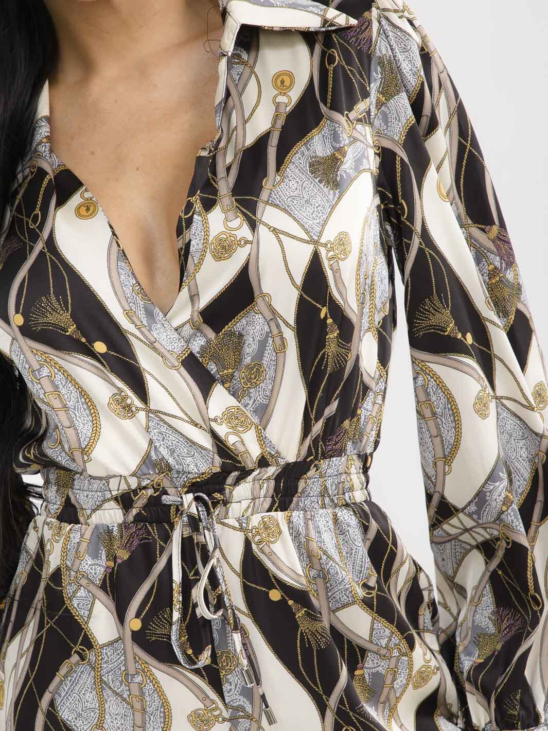 WOMEN'S LONG SLEEVE SURPLICE ELASTIC WAIST POCKETS MULTI PRINT JOGGER JUMPSUIT