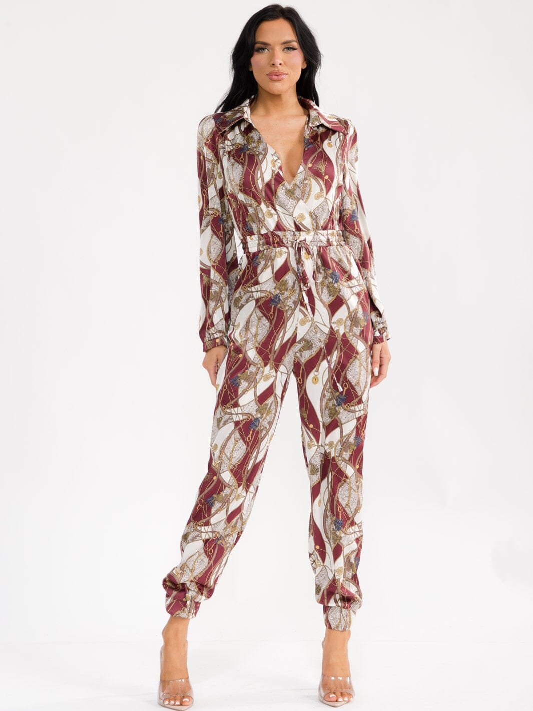 WOMEN'S LONG SLEEVE SURPLICE ELASTIC WAIST POCKETS MULTI PRINT JOGGER JUMPSUIT
