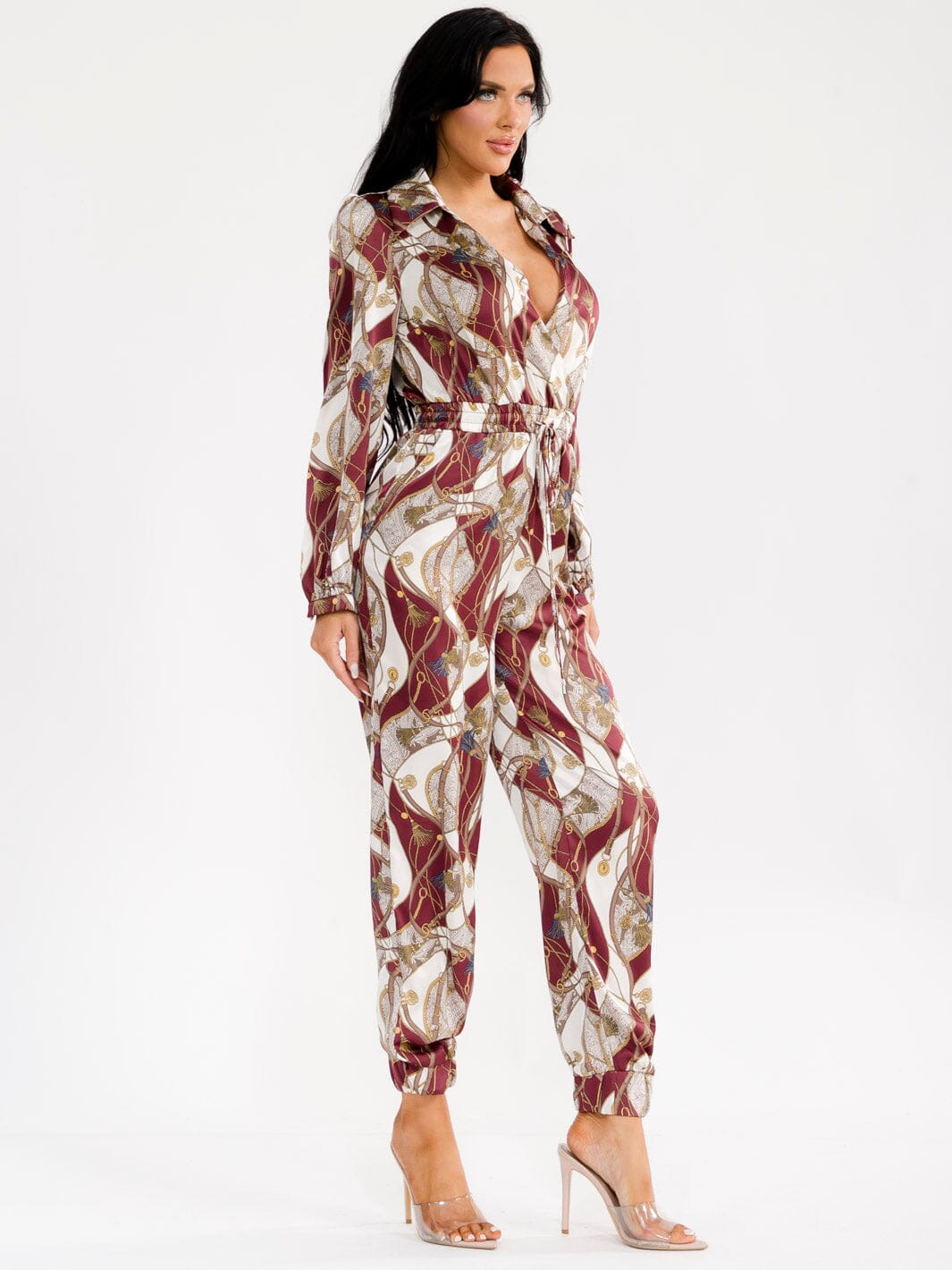 WOMEN'S LONG SLEEVE SURPLICE ELASTIC WAIST POCKETS MULTI PRINT JOGGER JUMPSUIT