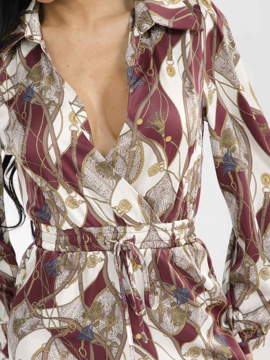 WOMEN'S LONG SLEEVE SURPLICE ELASTIC WAIST POCKETS MULTI PRINT JOGGER JUMPSUIT