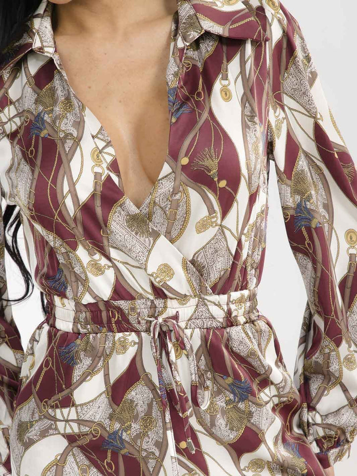 WOMEN'S LONG SLEEVE SURPLICE ELASTIC WAIST POCKETS MULTI PRINT JOGGER JUMPSUIT